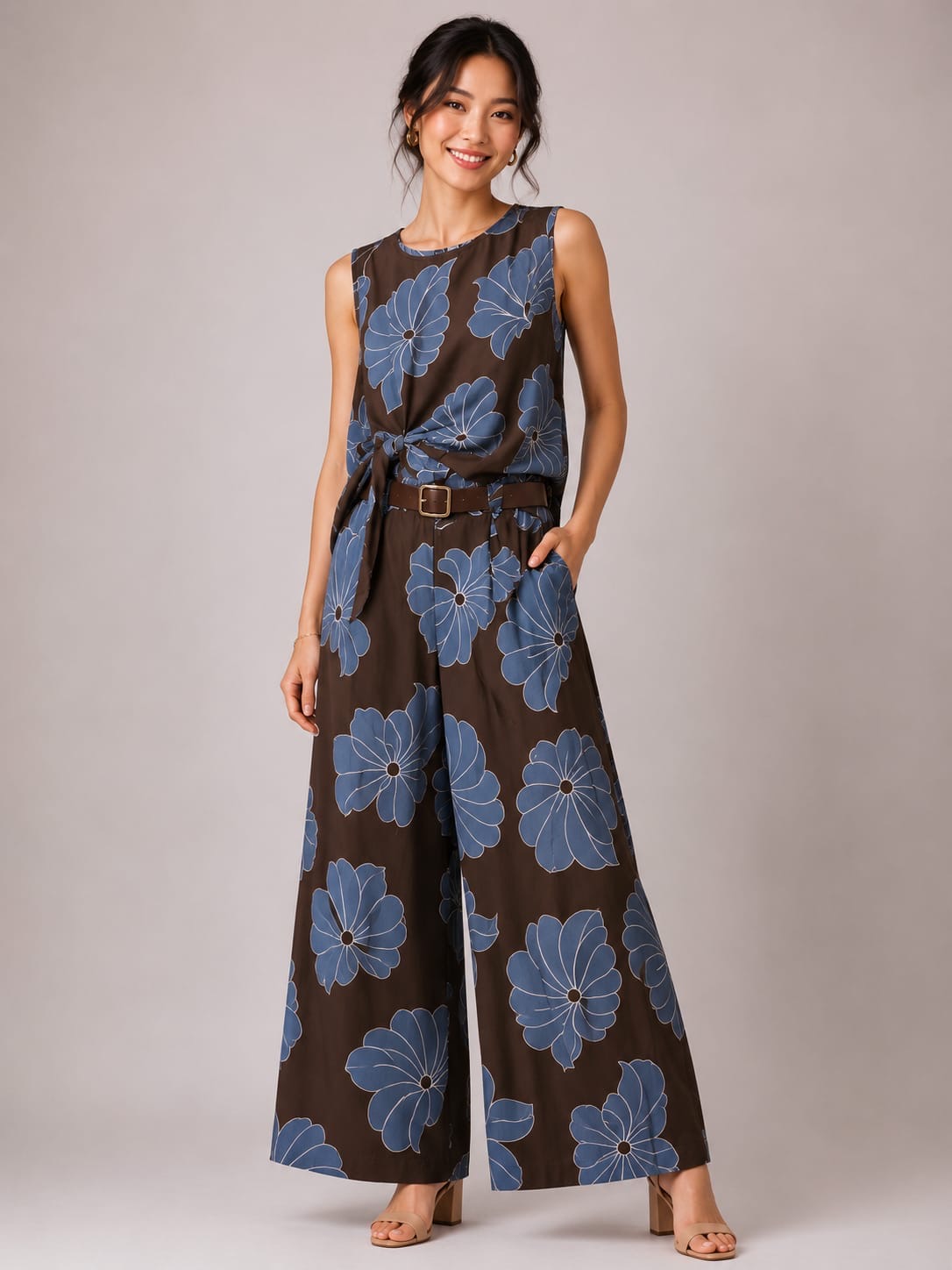 Cocoa & Blue Floral Tie-Front Set