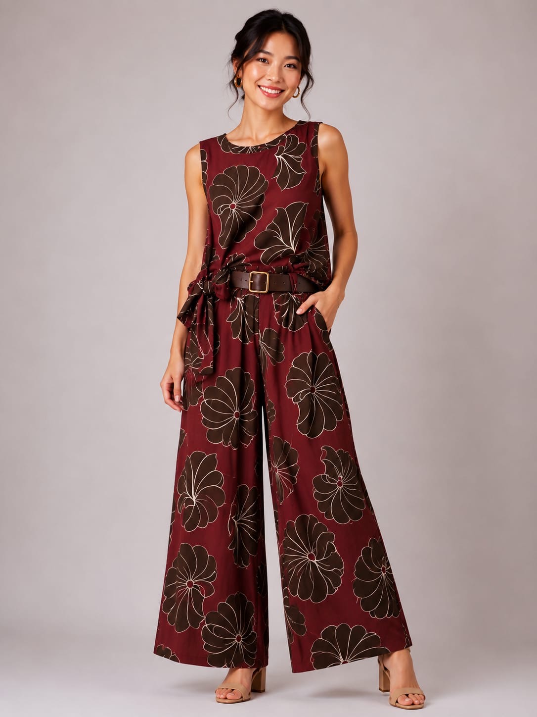 Burgundy Floral Sleeveless Top & Wide-Leg Pants Set