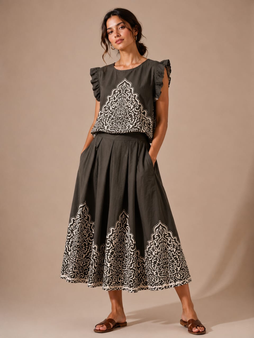 Khaki Ornamental Damask Ruffle Top & Pleated Midi Skirt Set