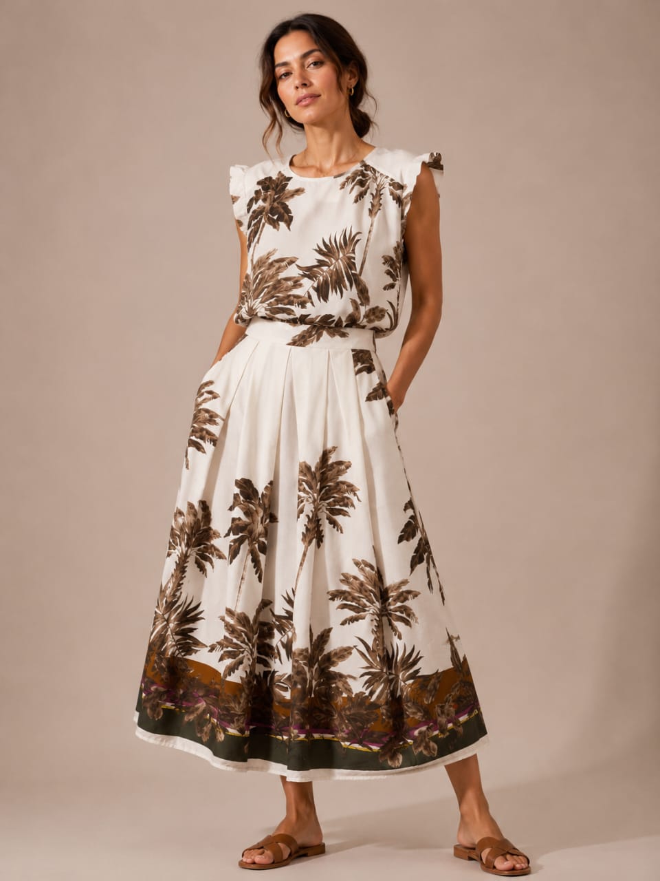 Ivory Palm Tree Print Ruffle Top & Pleated Midi Skirt Set