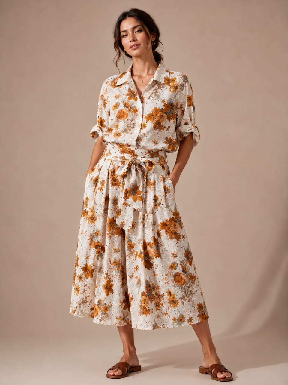Cream Rust Floral Eyelet Shirt & Bow-Waist Midi Skirt Set
