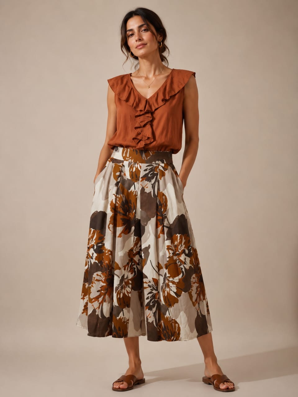Rust Ruffle V-Neck Top & Brown Floral Midi Skirt Set