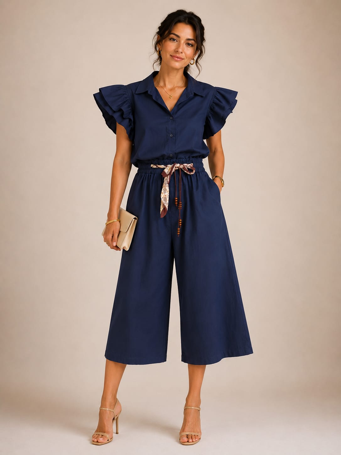 Navy Ruffle-Sleeve Shirt & Wide-Leg Culottes Set