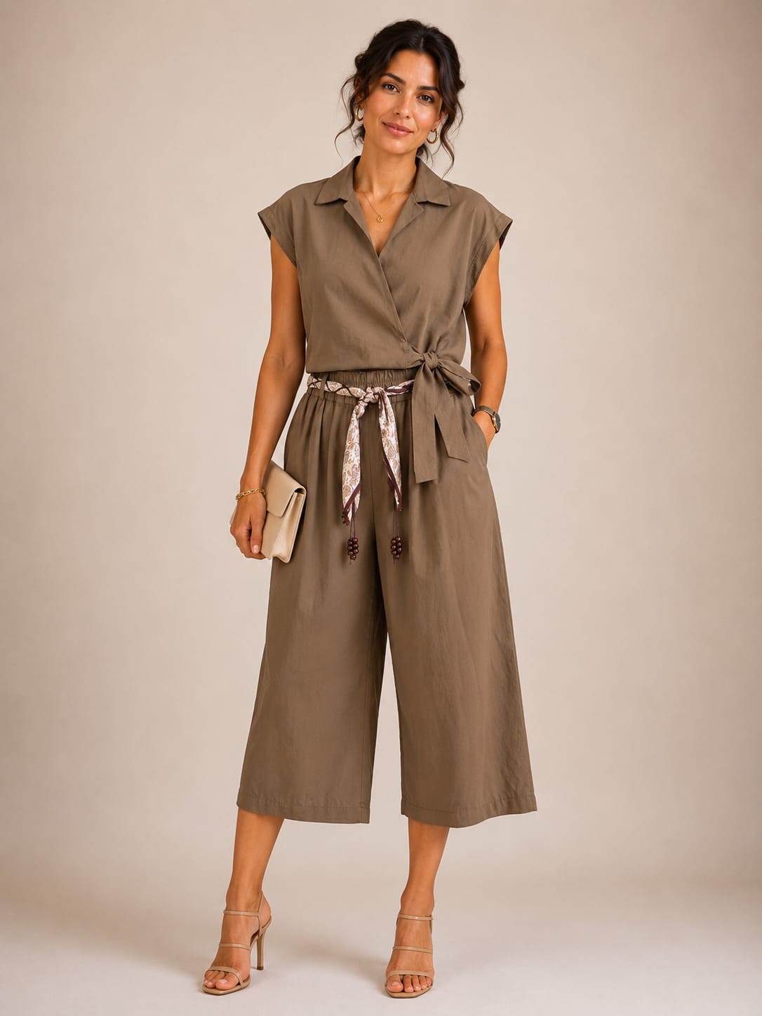 Taupe Wrap-Tie Top & Wide-Leg Culottes Set