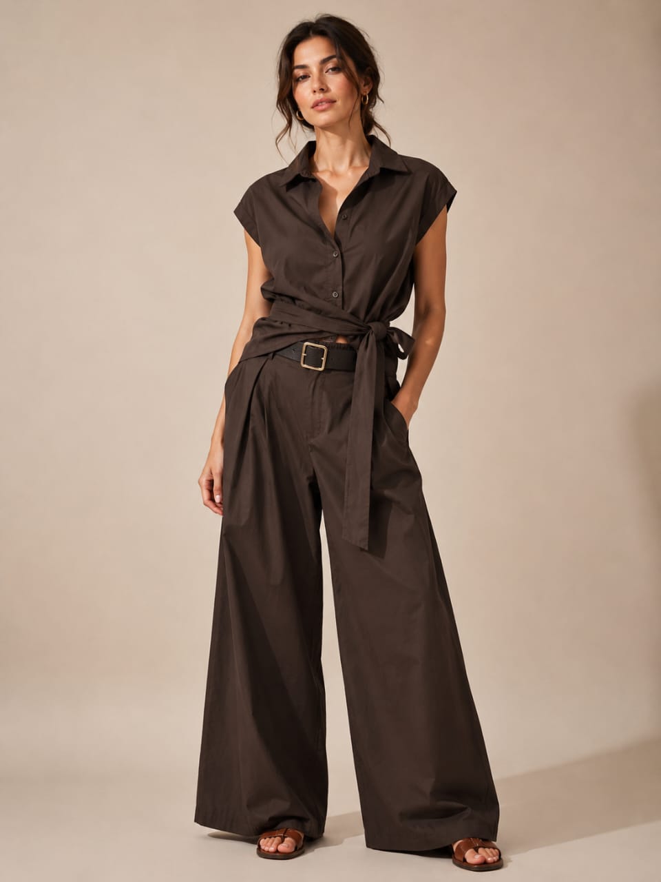 Chocolate Cap-Sleeve Shirt & Wide-Leg Pants Set