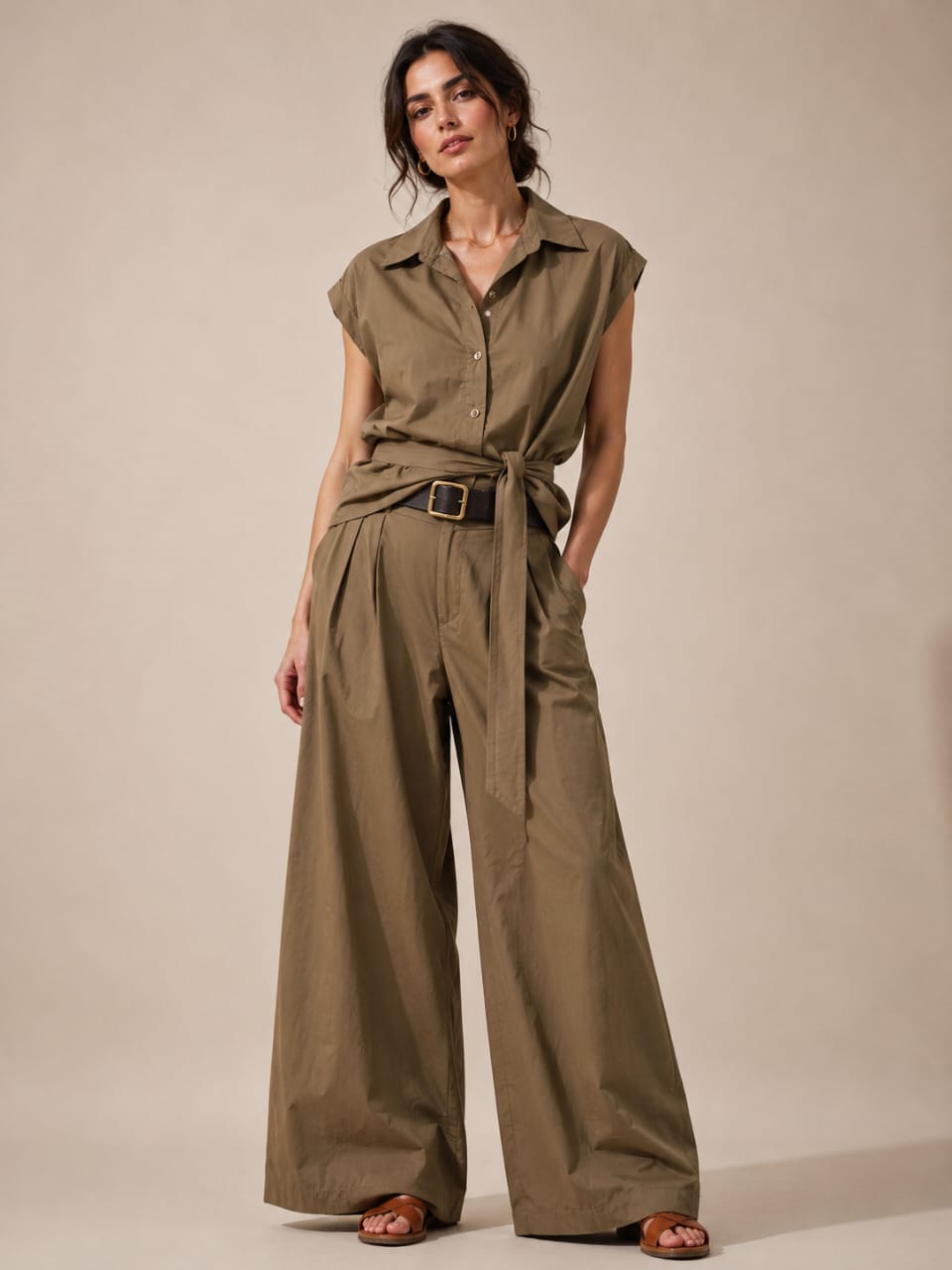 Olive Cap-Sleeve Shirt & Wide-Leg Pants Set