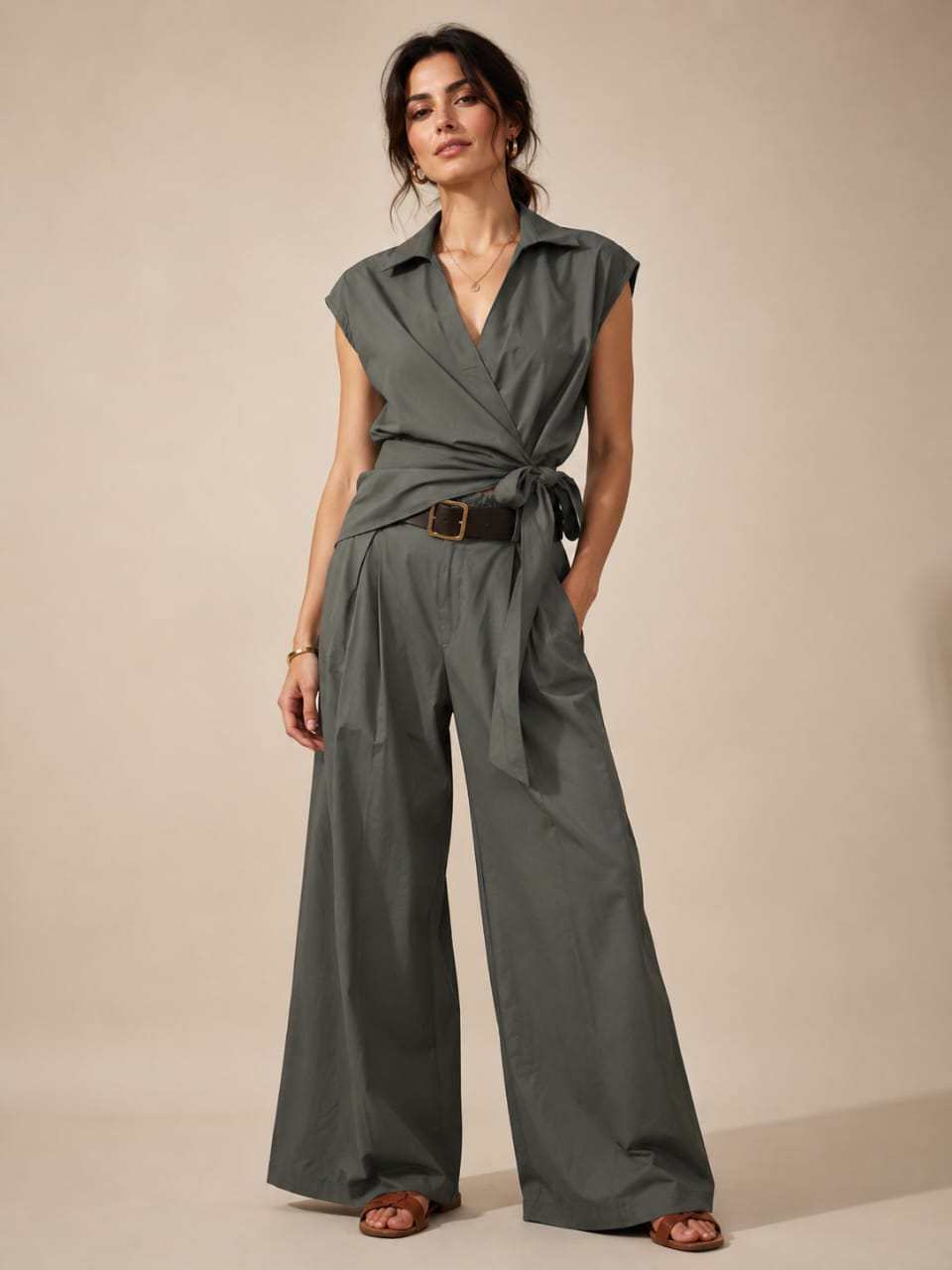 Sage Cap-Sleeve Wrap Top & Wide-Leg Pants Set