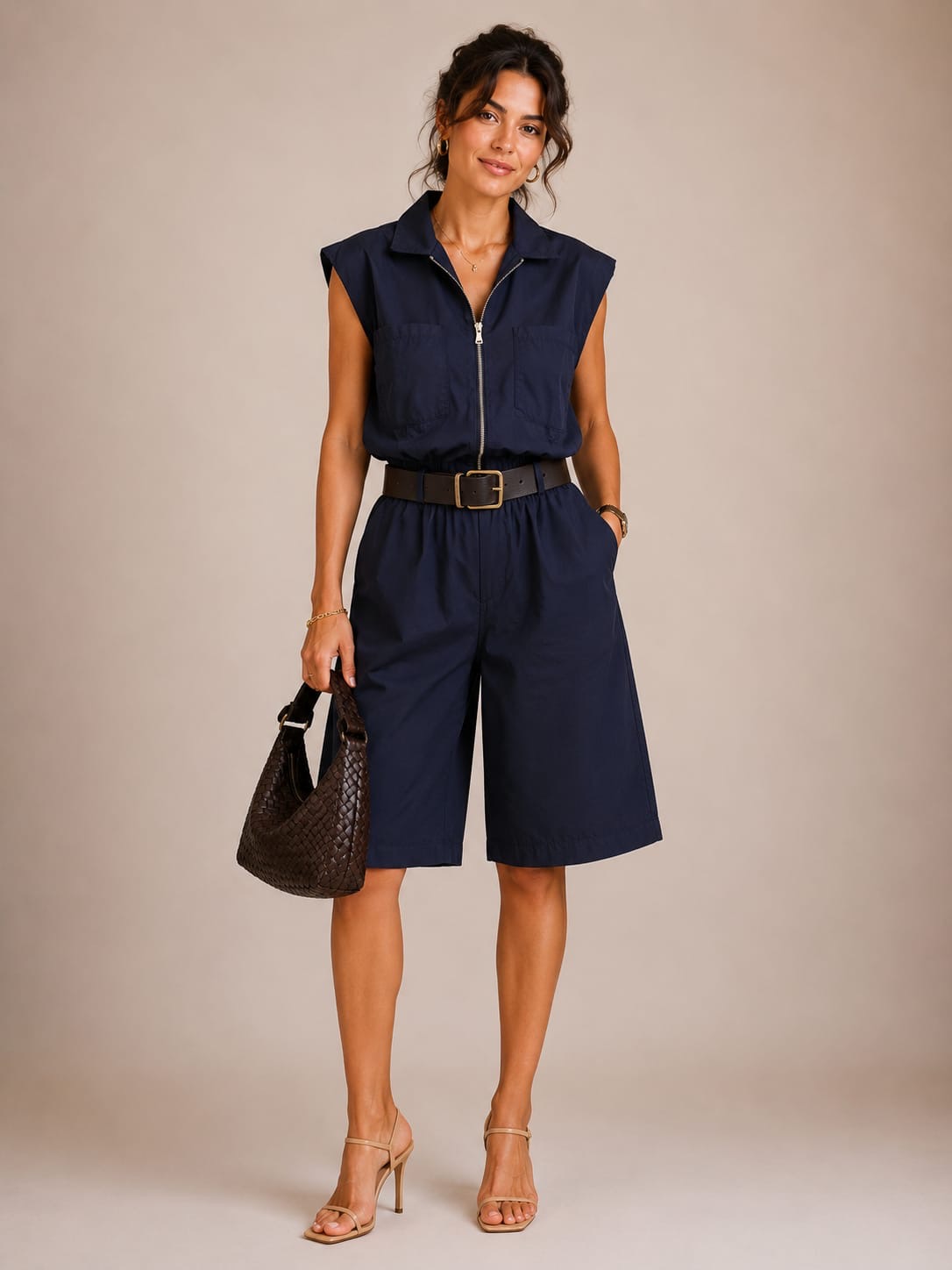 Navy Zip-Front Top & Bermuda Shorts Set