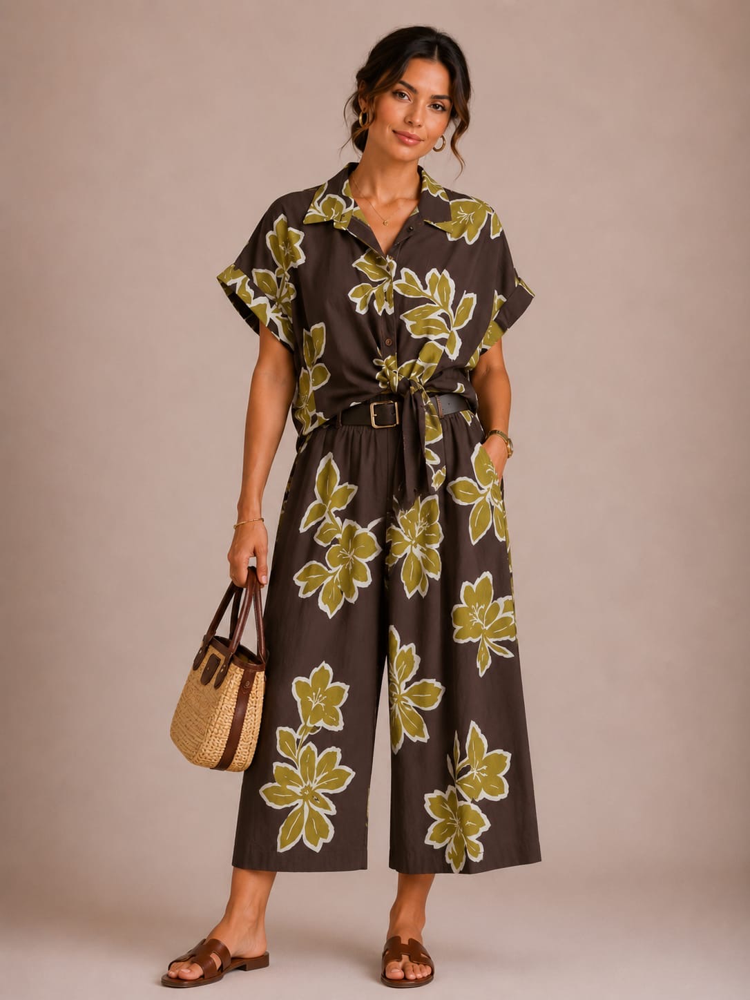 Chocolate Olive Floral Shirt & Wide-Leg Culottes Set