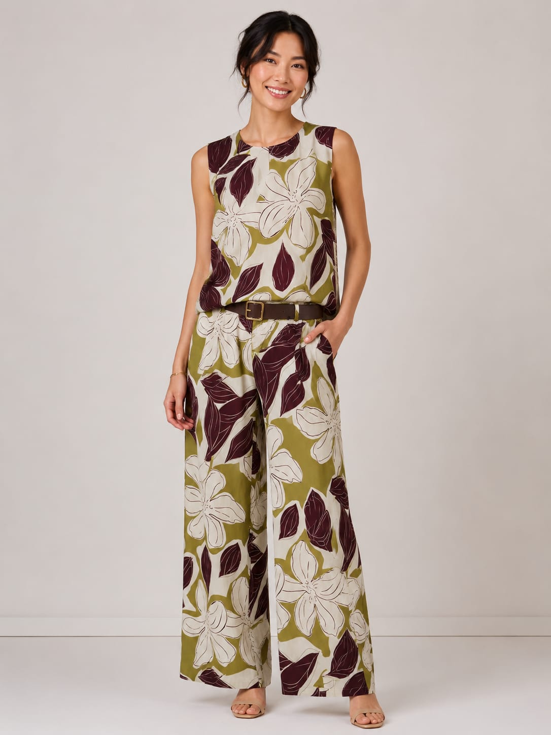 Olive Floral Sleeveless Top & Pants Set