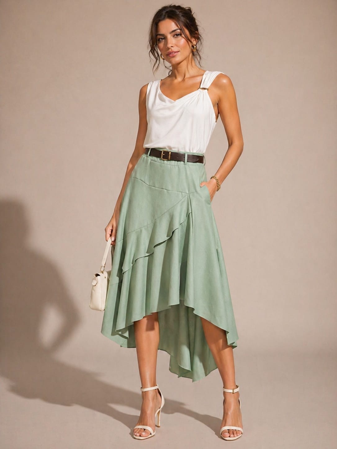 Sage Asymmetric Ruffled Midi Skirt