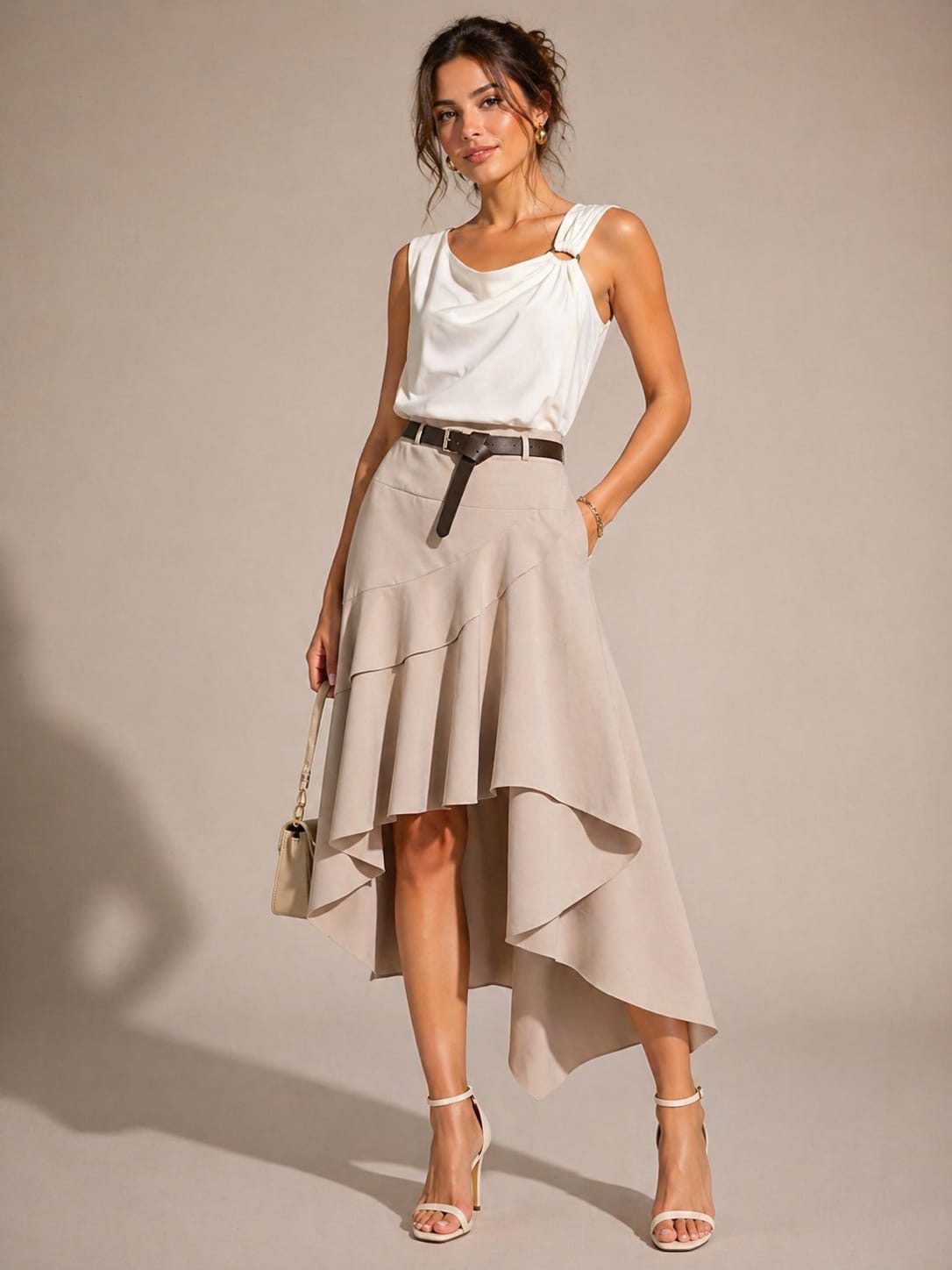 Stone Asymmetric Ruffled Midi Skirt