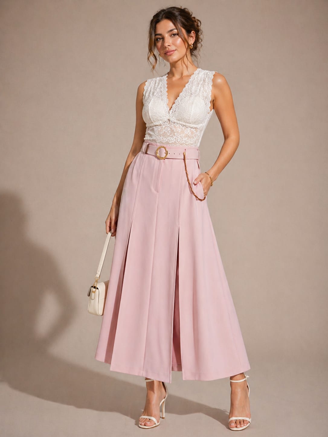 Blush Belted Pleated Maxi Skirt