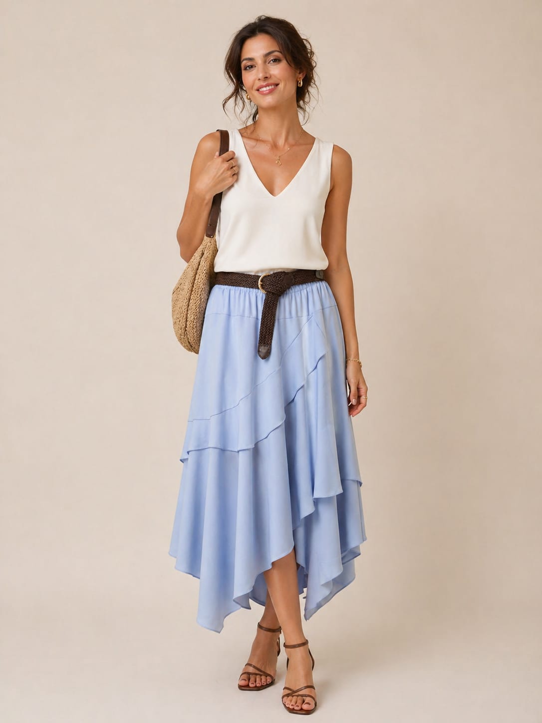 Sky Blue Asymmetric Layered Midi Skirt