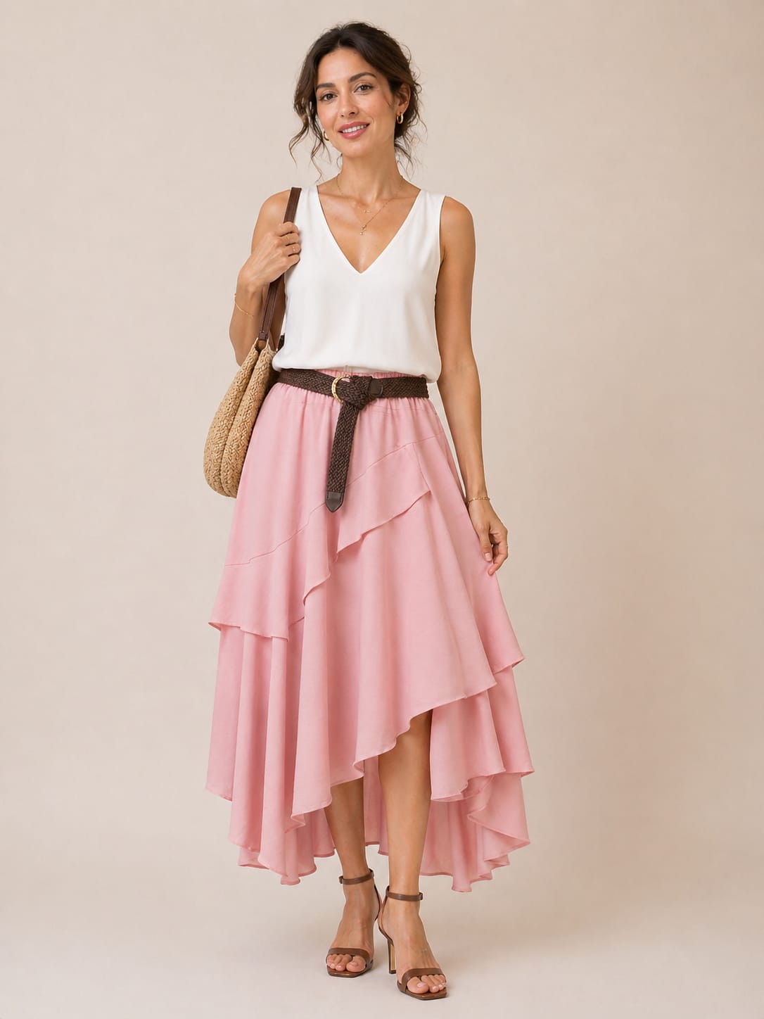 Blush Pink Asymmetric Layered Midi Skirt