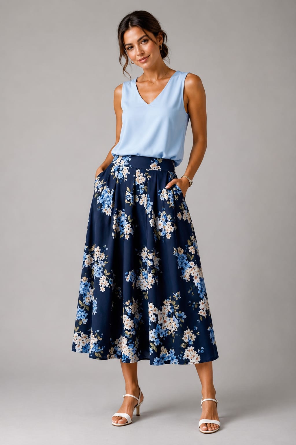 Navy Floral Pleated Midi Skirt