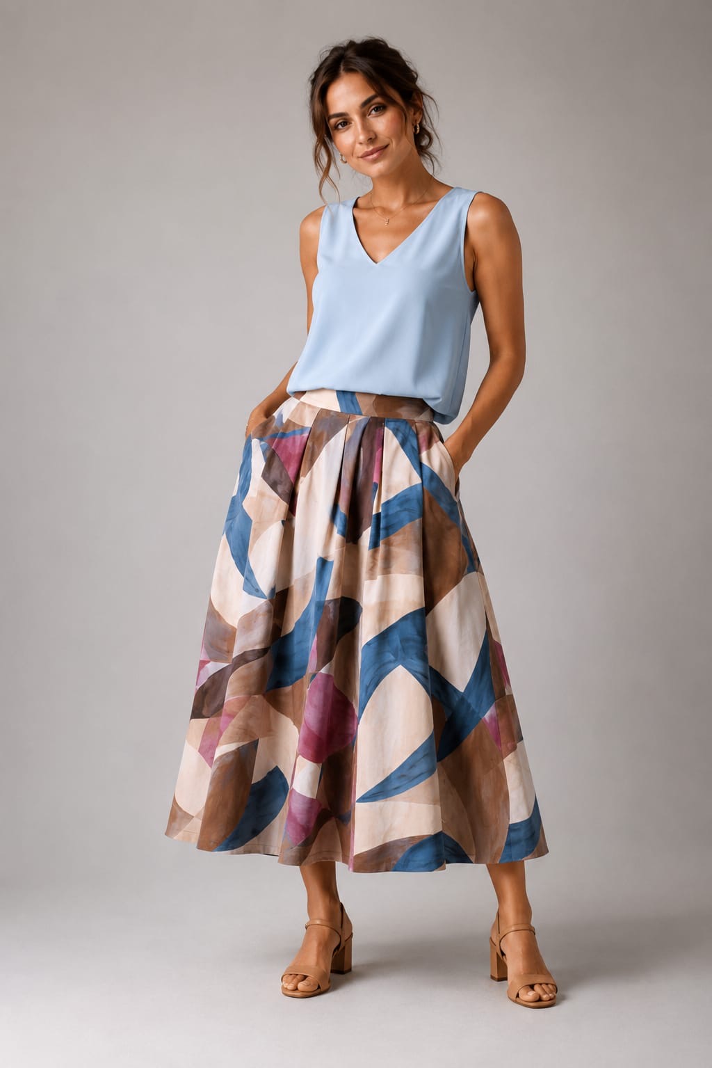 Blue Mauve Abstract Pleated Midi Skirt