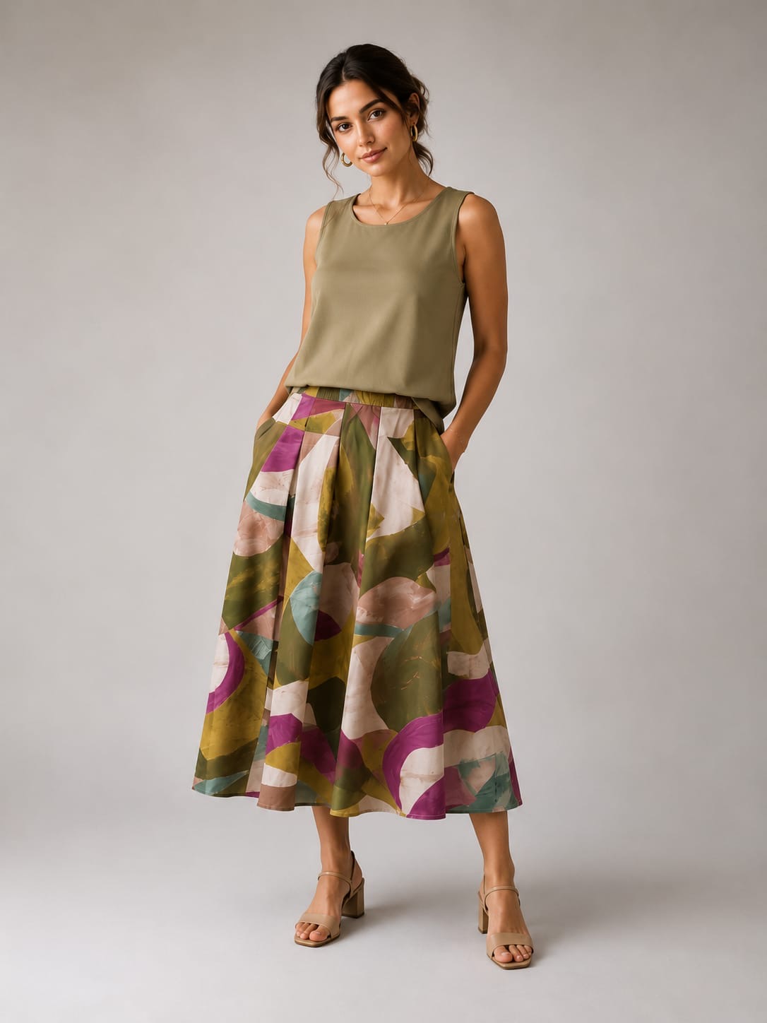 Olive Magenta Abstract Pleated Midi Skirt
