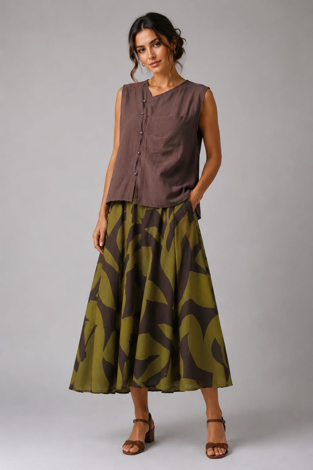 Olive Chocolate Leaf Pleated Midi Skirt
