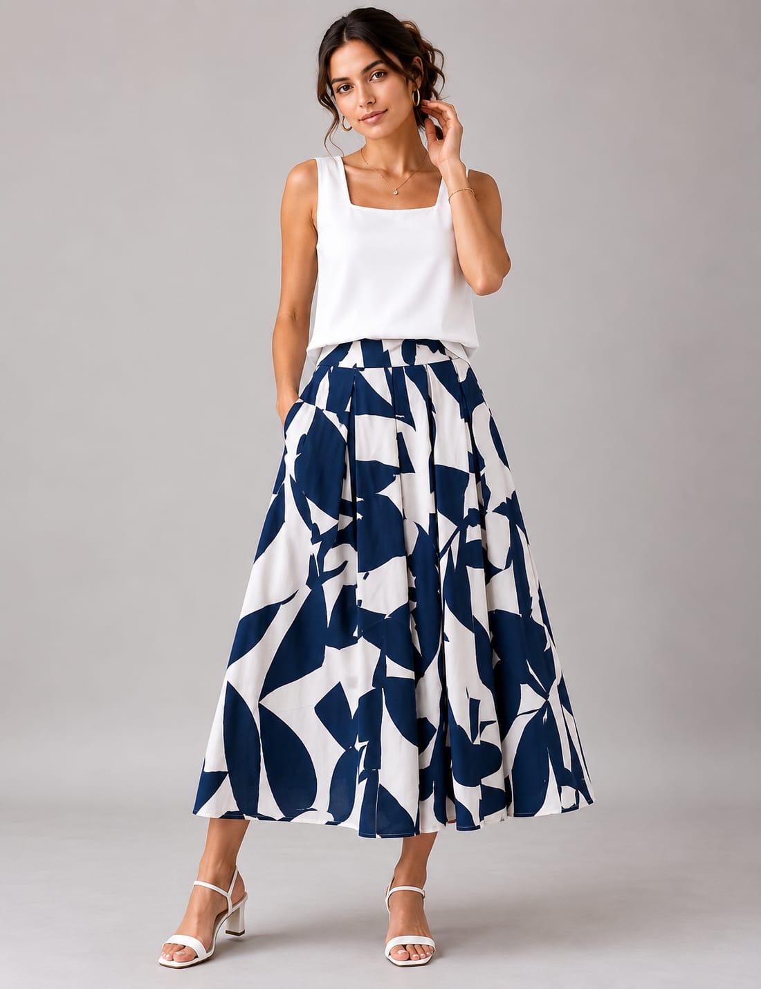 Navy Ivory Abstract Pleated Midi Skirt
