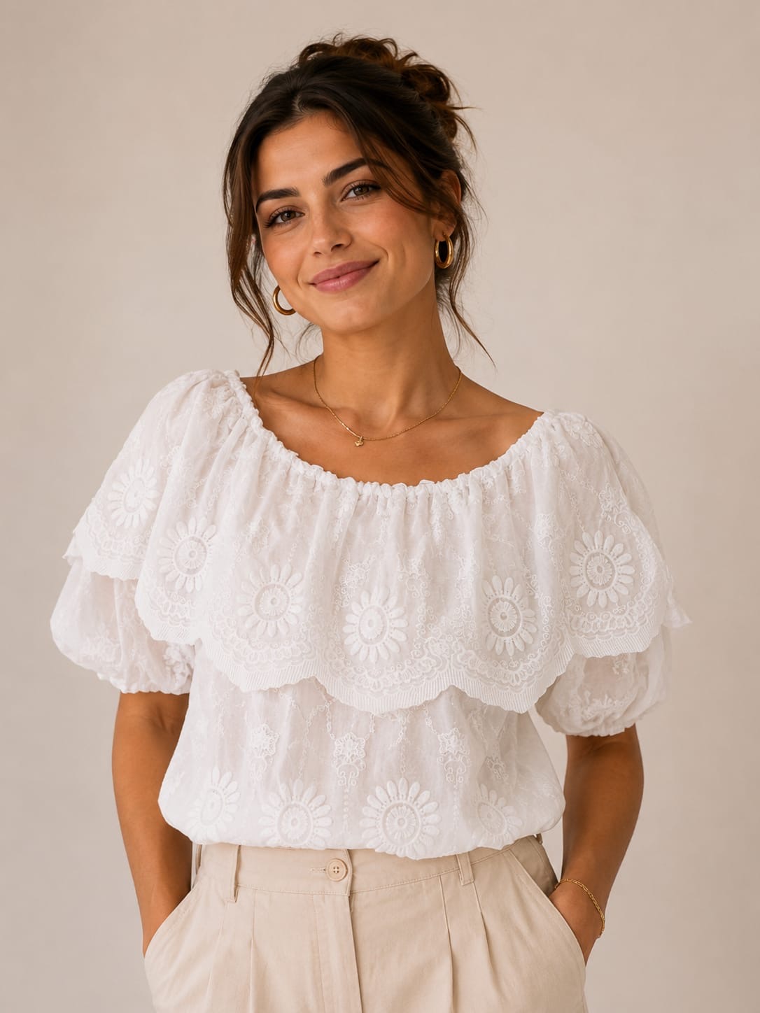 White Eyelet Tiered Off-Shoulder Top