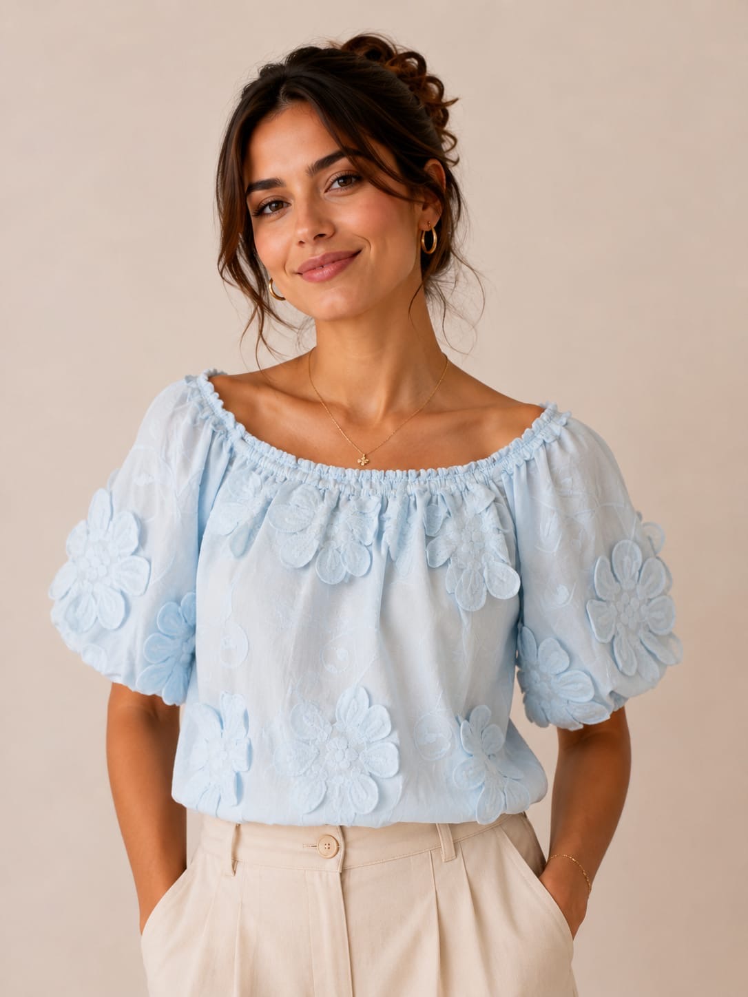 Sky Blue 3D Floral Puff-Sleeve Top