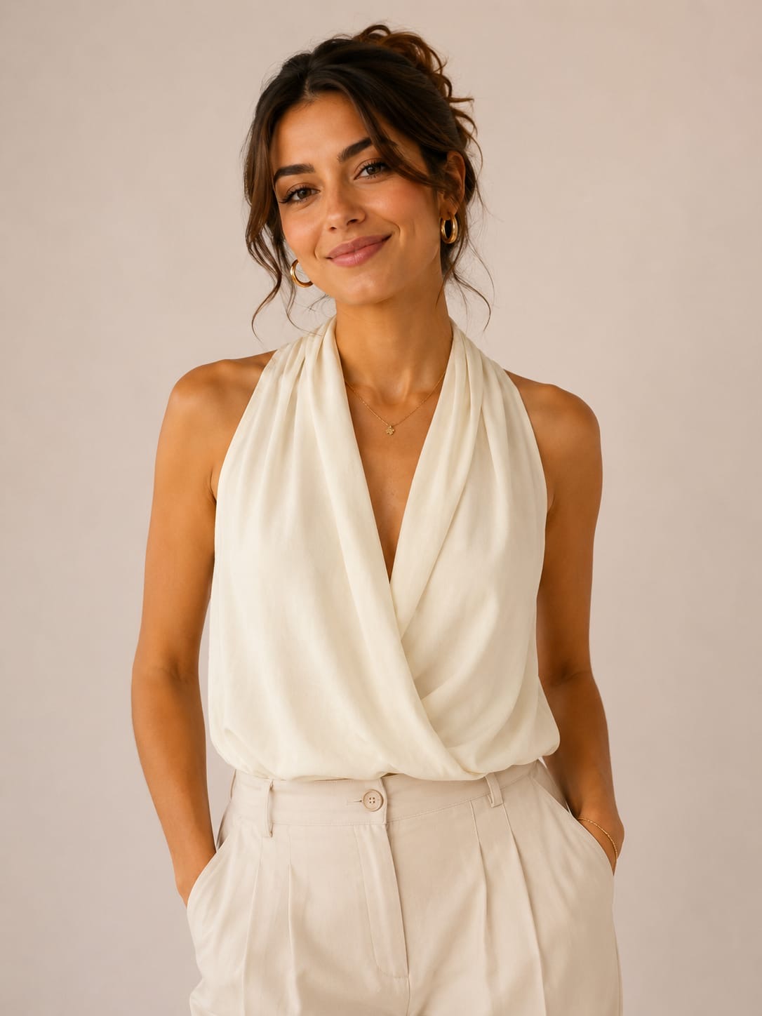 Ivory Satin Halter Wrap Sleeveless Top