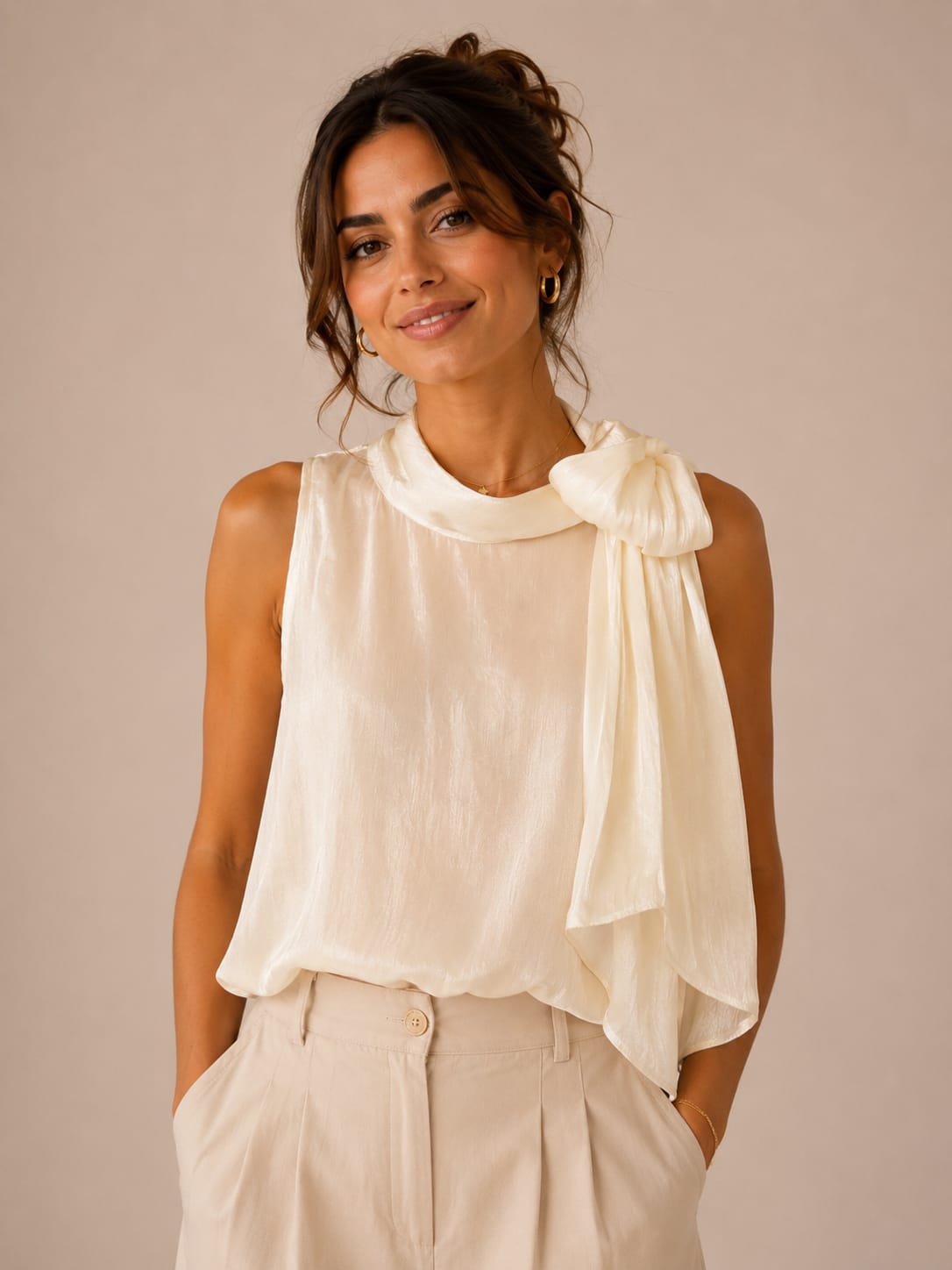 Champagne Satin Side-Bow Sleeveless Blouse
