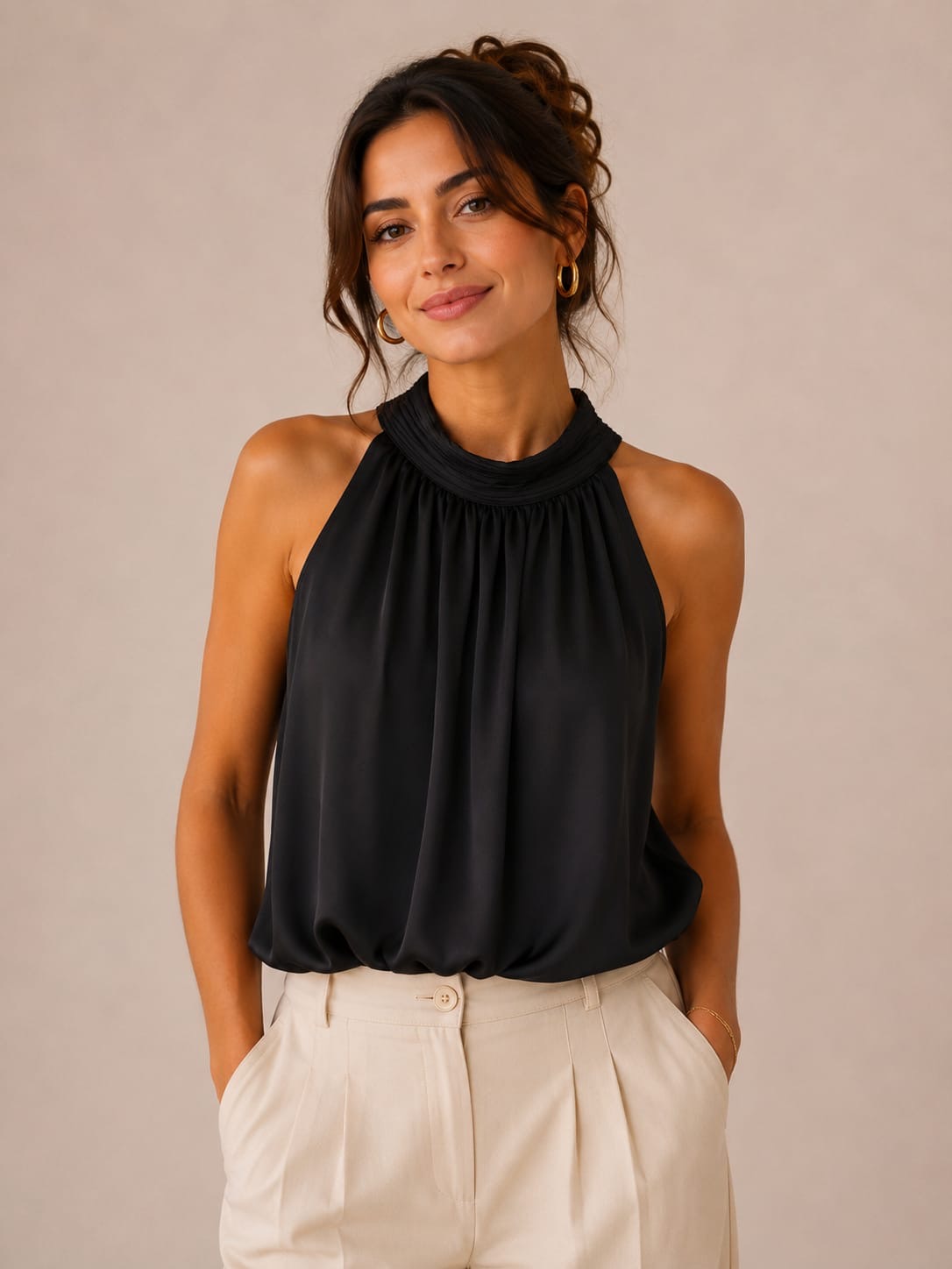 Black Satin Gathered Halter Bubble-Hem Top