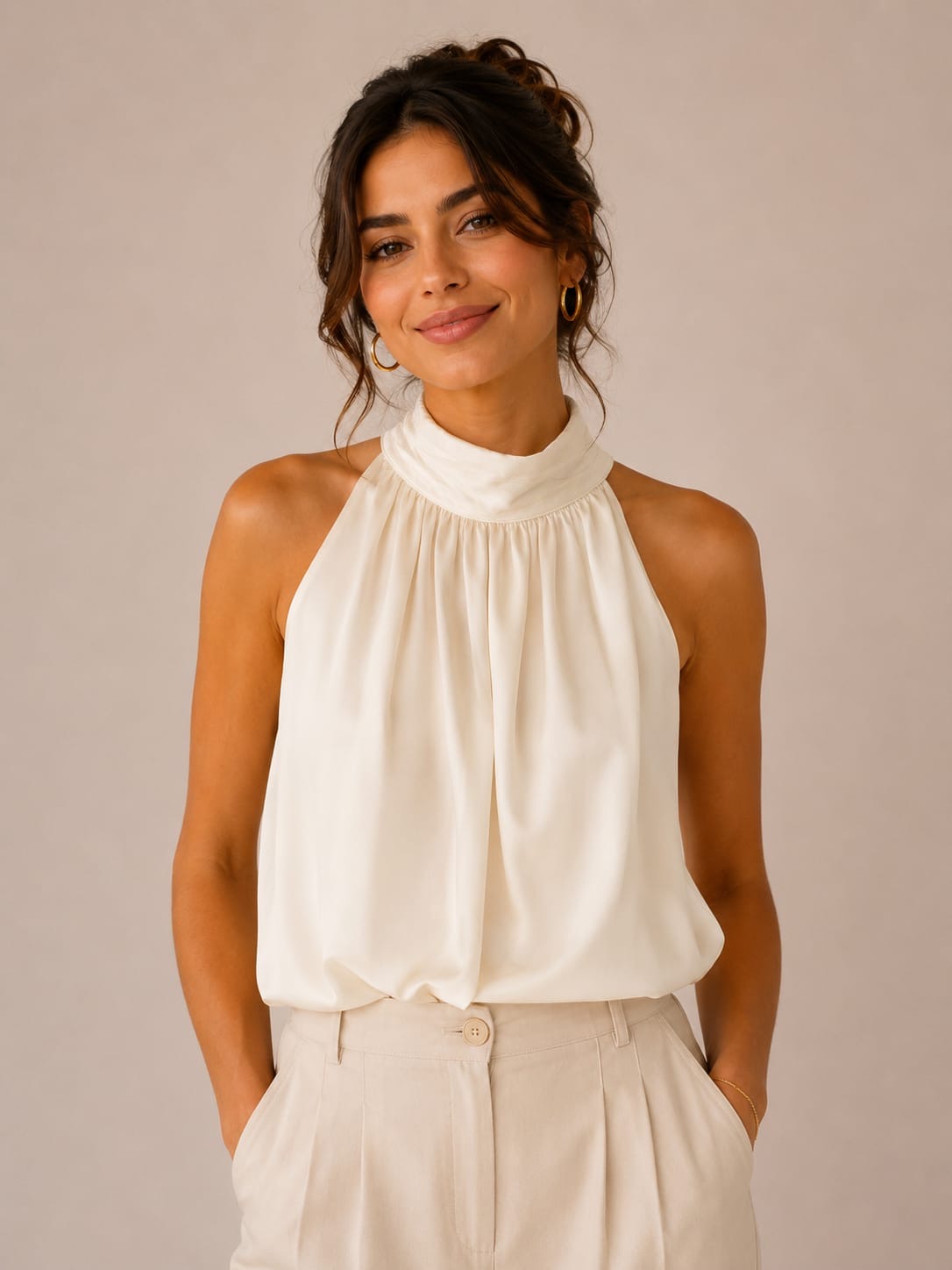 Ivory Satin Gathered Halter Bubble-Hem Top