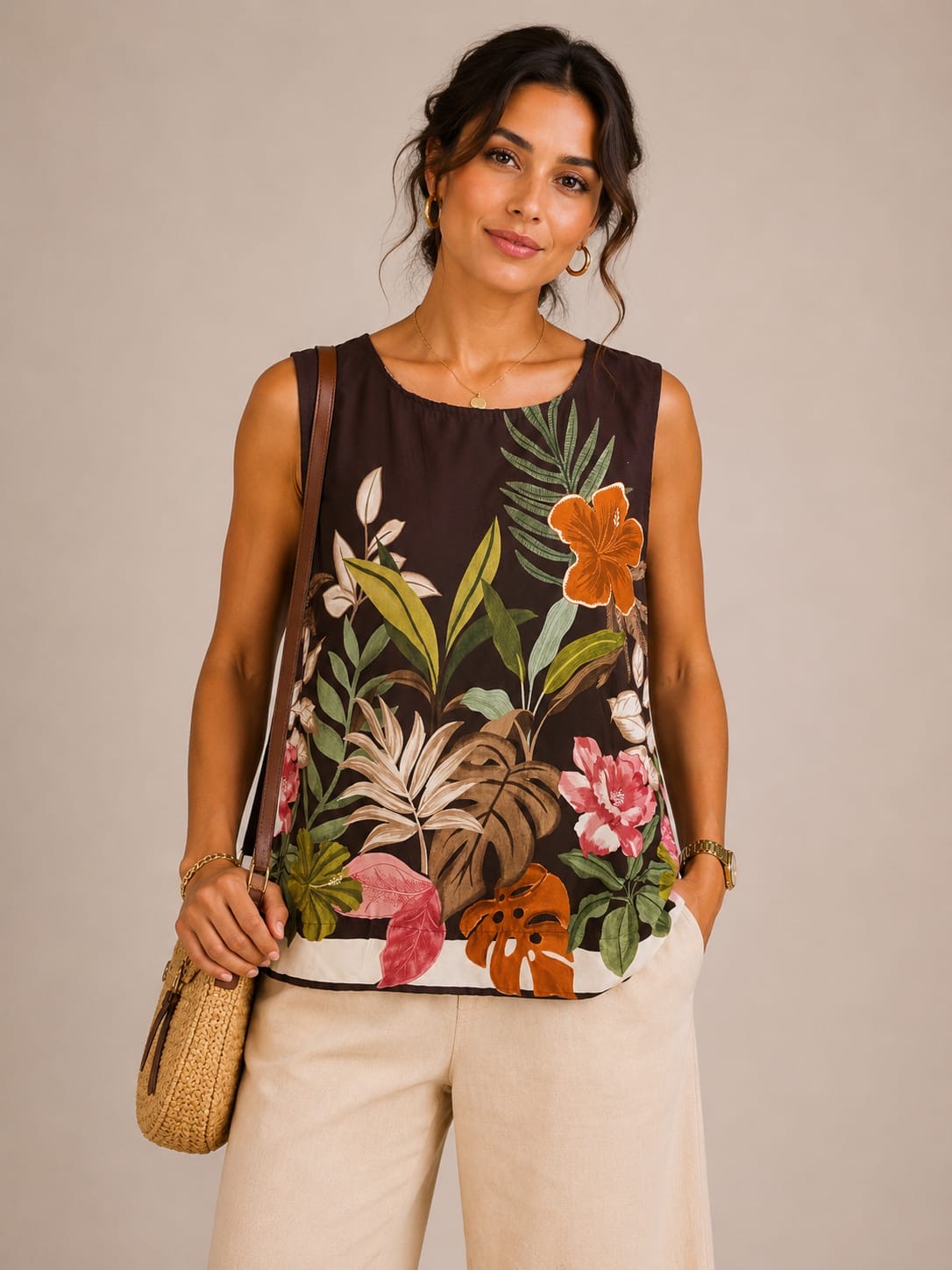 Chocolate Tropical Floral Sleeveless Tank Top