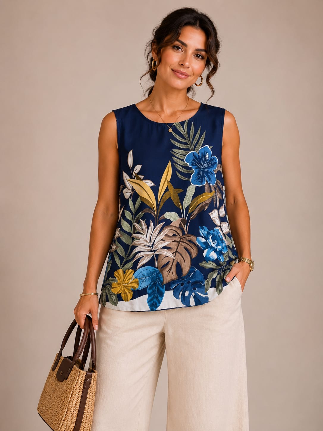Navy Tropical Floral Sleeveless Tank Top