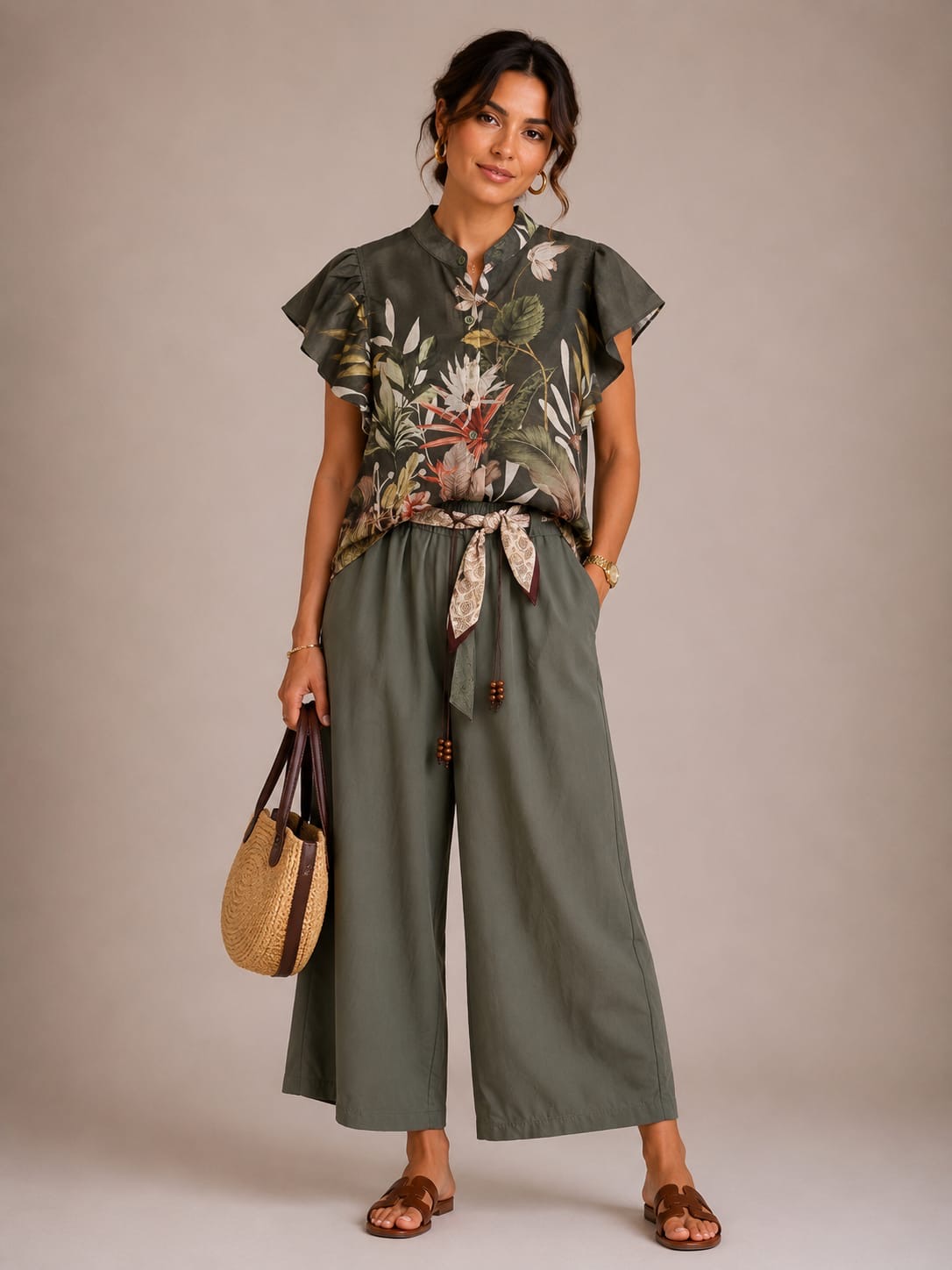 Olive Tropical Floral Flutter-Sleeve Blouse