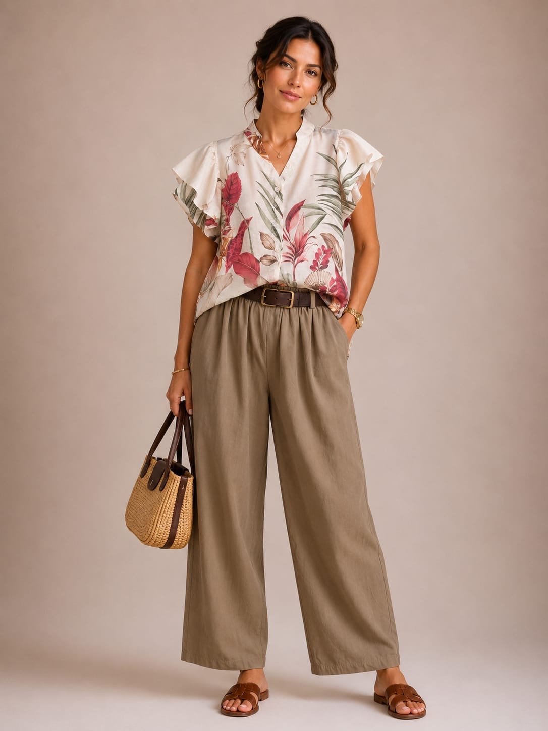 Ivory Tropical Floral Flutter-Sleeve Blouse