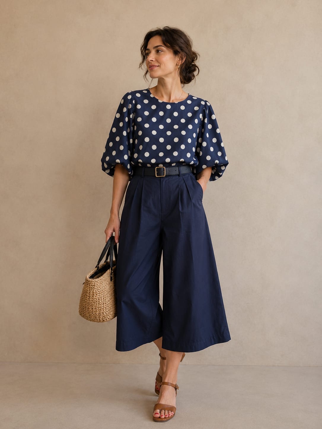Navy Polka Dot Puff-Sleeve Blouse