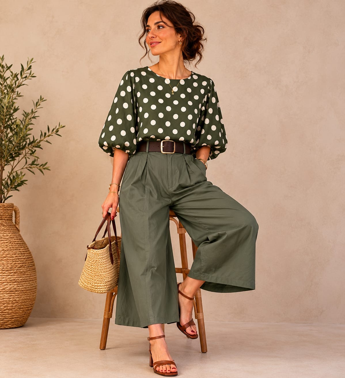 Olive Polka Dot Puff-Sleeve Blouse