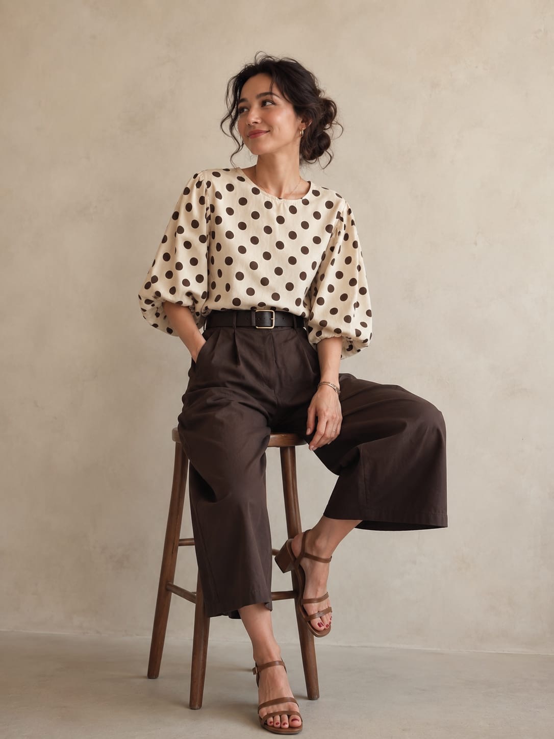 Ivory Brown Polka Dot Puff-Sleeve Blouse