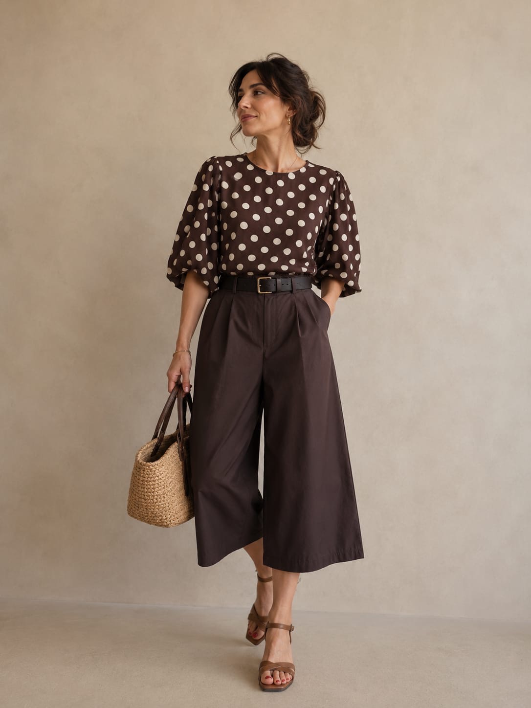 Chocolate Polka Dot Puff-Sleeve Blouse